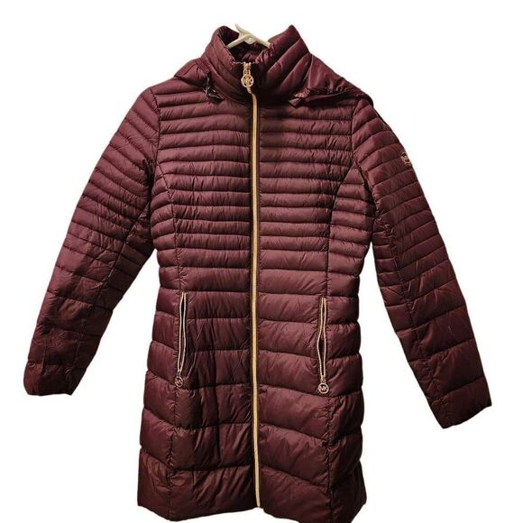 Michael Kors Down Packable Lightweight Puffer Full Length Jacket Maroon Women’s - Picture 1 of 5
